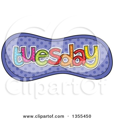 Clipart of a Cartoon Stitched Tuesday Day of the Week over Purple Polka Dots - Royalty Free Vector Illustration by Prawny