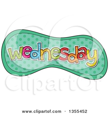 Clipart of a Cartoon Stitched Wednesday Day of the Week over Green Polka Dots - Royalty Free Vector Illustration by Prawny