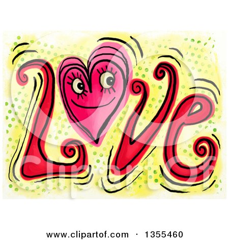 Clipart of a Doodled Heart in Love Text over Halftone Dots - Royalty Free Illustration by Prawny