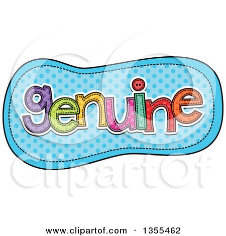 Clipart of a Cartoon Stitched Word Genuine over Blue Polka Dots - Royalty Free Vector Illustration by Prawny