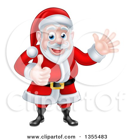 Clipart of a Cartoon Happy Christmas Santa Claus Giving a Thumb up and Waving - Royalty Free Vector Illustration by AtStockIllustration