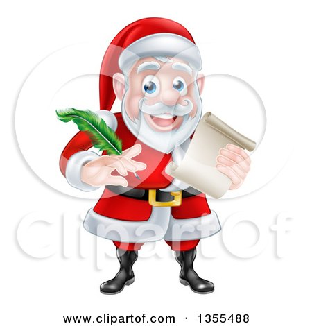 Clipart of a Cartoon Happy Christmas Santa Claus Holding a Parchment Scroll and Quill Pen - Royalty Free Vector Illustration by AtStockIllustration