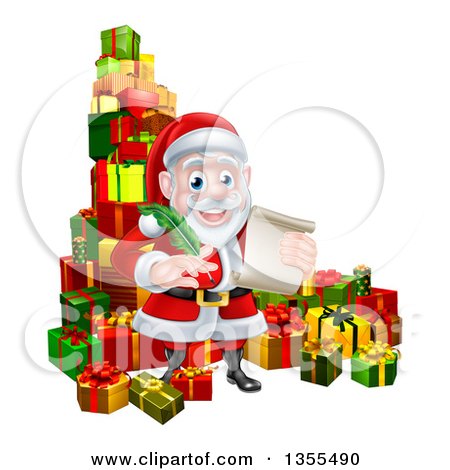 Clipart of a Cartoon Happy Christmas Santa Claus Holding a Parchment Scroll and Quill Pen in a Pile of Gifts - Royalty Free Vector Illustration by AtStockIllustration