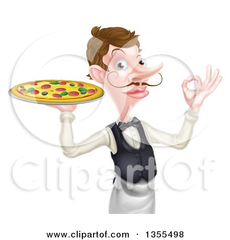 Clipart of a Cartoon Caucasian Male Waiter with a Curling Mustache, Holding a Pizza on a Tray and Gesturing Ok - Royalty Free Vector Illustration by AtStockIllustration