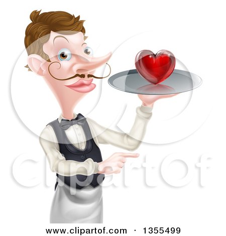 Clipart of a Cartoon Caucasian Male Waiter with a Curling Mustache, Holding a Red Love Heart on a Tray and Pointing - Royalty Free Vector Illustration by AtStockIllustration