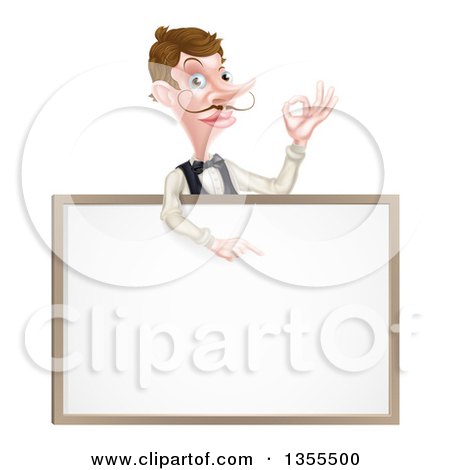 Clipart of a Cartoon Caucasian Male Waiter with a Curling Mustache, Gesturing Ok and Pointing down over a Blank Menu Sign - Royalty Free Vector Illustration by AtStockIllustration