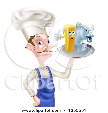 Clipart of a White Male Chef with a Curling Mustache, Holding Fish and a French Fry Character on a Tray - Royalty Free Vector Illustration by AtStockIllustration