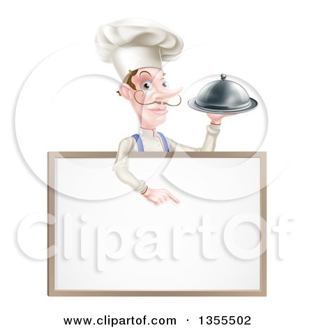 Clipart of a Snooty White Male Chef with a Curling Mustache, Holding a Silver Cloche Platter and Pointing down over a Blank Menu Sign - Royalty Free Vector Illustration by AtStockIllustration