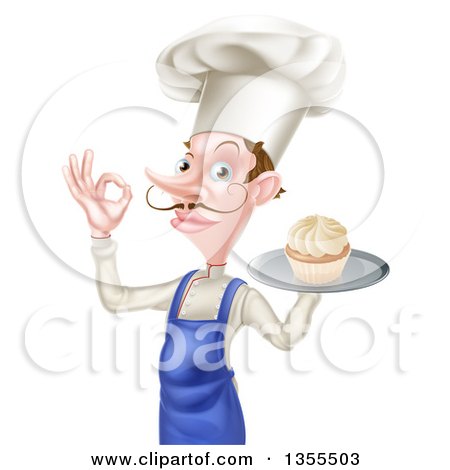 Clipart of a Snooty White Male Chef with a Curling Mustache, Holding a Cupcake on a Tray and Gesturing Okay - Royalty Free Vector Illustration by AtStockIllustration
