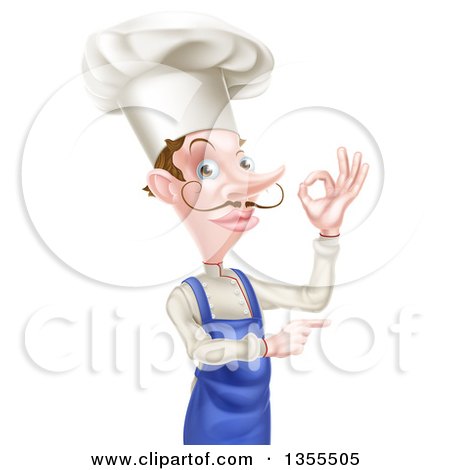 Clipart of a White Male Chef with a Curling Mustache, Gesturing Ok and Pointing - Royalty Free Vector Illustration by AtStockIllustration