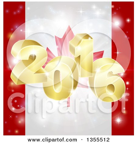 Clipart of a 3d Gold New Year 2016 Burst over a Canadian Flag and Fireworks - Royalty Free Vector Illustration by AtStockIllustration