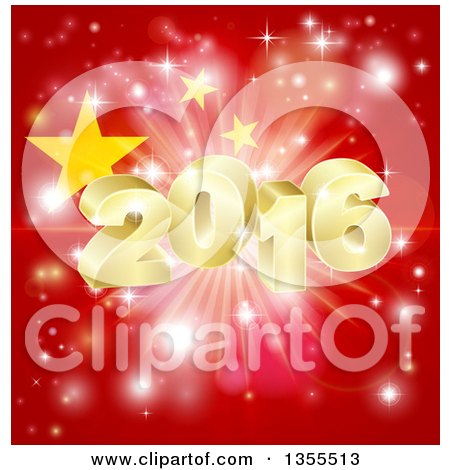 Clipart of a 3d Gold New Year 2016 Burst over a Chinese Flag and Fireworks - Royalty Free Vector Illustration by AtStockIllustration