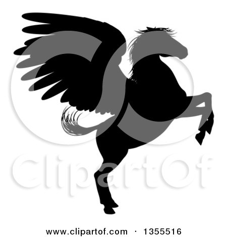 Clipart of a Black Silhouette of a Rearing Winged Pegasus Horse - Royalty Free Vector Illustration by AtStockIllustration