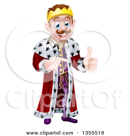 Clipart of a Happy Brunette Caucasian King Giving a Thumb up and Pointing to the Right - Royalty Free Vector Illustration by AtStockIllustration