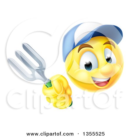 Clipart of a 3d Yellow Male Smiley Emoji Emoticon Gardener Holding a Fork - Royalty Free Vector Illustration by AtStockIllustration