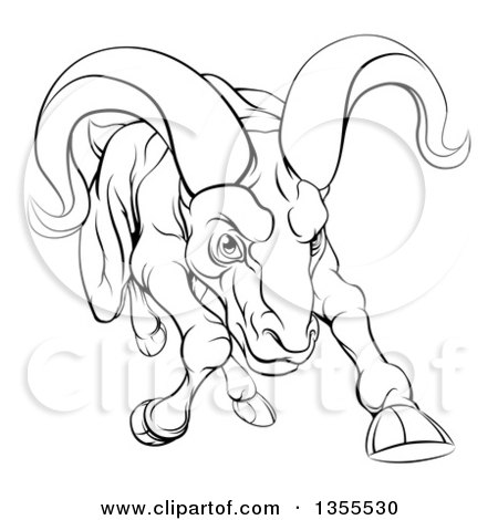 Clipart of a Black and White Tough Angry Ram Sheep Charging Forward - Royalty Free Vector Illustration by AtStockIllustration