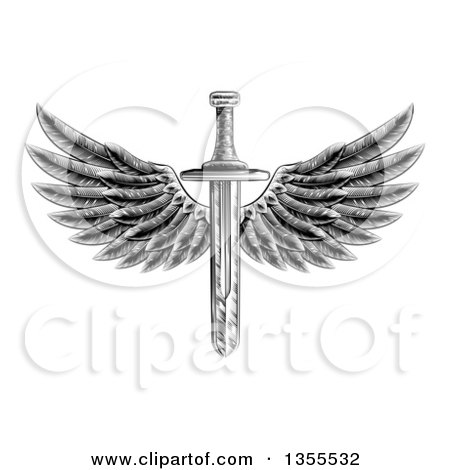 Clipart of a Black and White Vintage Engraved or Woodcut Winged Sword - Royalty Free Vector Illustration by AtStockIllustration