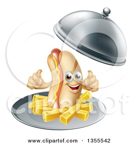 Clipart of a 3d Hot Dog Character Giving a Thumb Up, with a Side of French Fries Being Served in a Cloche Platter - Royalty Free Vector Illustration by AtStockIllustration