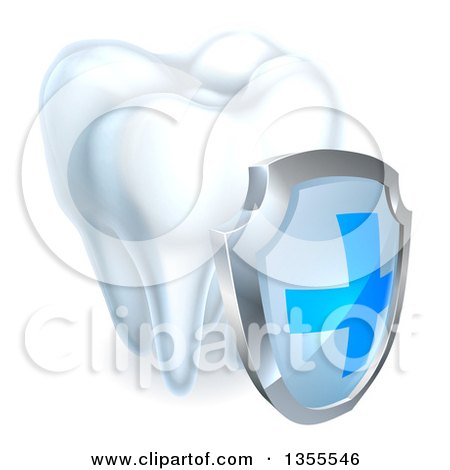 Clipart of a 3d Shiny White Tooth with a Protective Dental Shield - Royalty Free Vector Illustration by AtStockIllustration