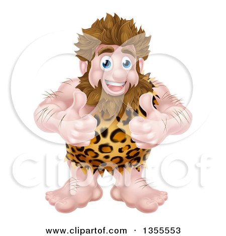 Clipart of a Cartoon Muscular Happy Caveman Giving Two Thumbs up - Royalty Free Vector Illustration by AtStockIllustration