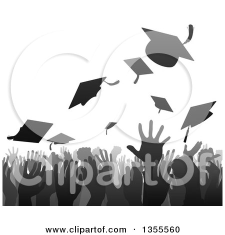Clipart of a Gray and Black Silhouetted Graduation Crowd Tossing up Their Mortar Board Caps - Royalty Free Vector Illustration by AtStockIllustration