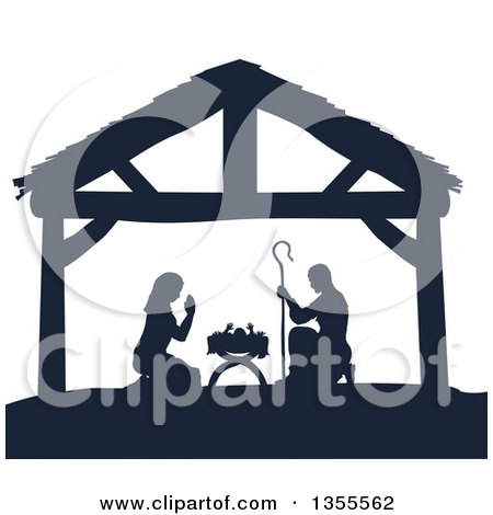 Clipart of a Navy Blue Silhouetted Mary and Joseph Praying over Baby Jesus in a Manger - Royalty Free Vector Illustration by AtStockIllustration