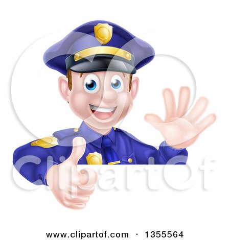 Clipart of a Cartoon Happy Caucasian Male Police Officer Waving and Giving a Thumb up over a Sign - Royalty Free Vector Illustration by AtStockIllustration