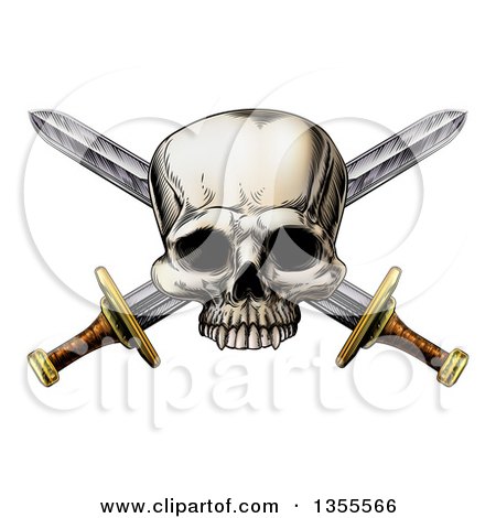 Clipart of an Engraved Pirate Skull over Crossed Swords - Royalty Free Vector Illustration by AtStockIllustration