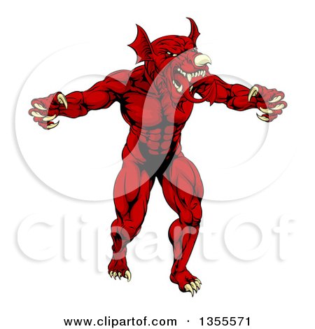 Clipart of a Muscular Aggressive Red Welsh Dragon Man Mascot Walking Upright - Royalty Free Vector Illustration by AtStockIllustration