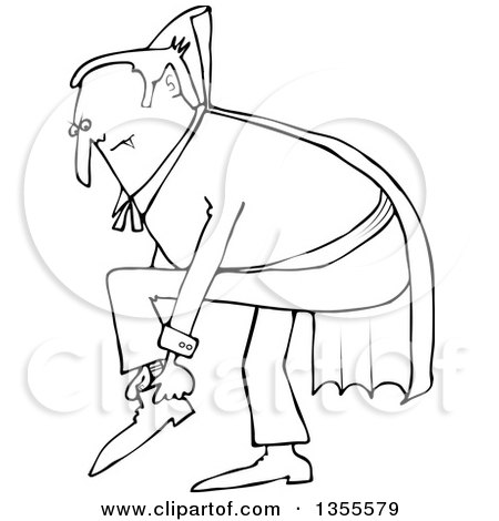Outline Clipart of a Cartoon Black and White Chubby Dracula Vampire Putting His Shoes on - Royalty Free Lineart Vector Illustration by djart