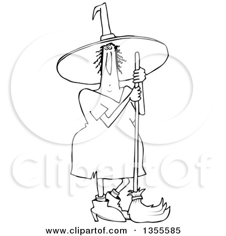Outline Clipart of a Cartoon Black and White Chubby Halloween Witch Standing with a Broom - Royalty Free Lineart Vector Illustration by djart