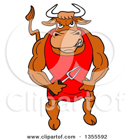 Clipart of a Cartoon Bbq Chef Buff Bull Holding a Fork and Flexing His Muscles - Royalty Free Vector Illustration by LaffToon
