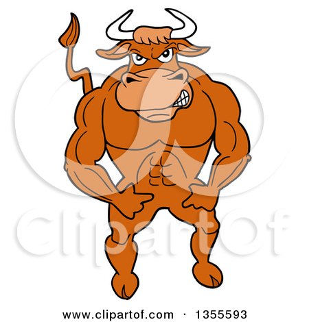 Clipart of a Cartoon Buff Bull Flexing His Muscles - Royalty Free Vector Illustration by LaffToon