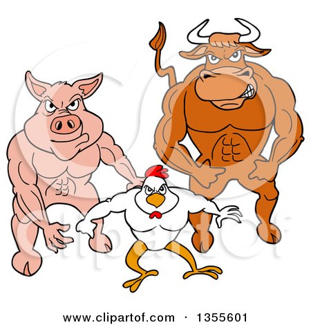 Clipart of a Cartoon Buff Bull, Chicken and Pig Flexing Their Muscles - Royalty Free Vector Illustration by LaffToon