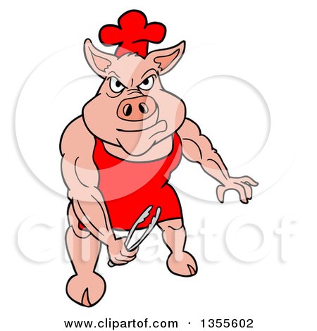 Clipart of a Cartoon Bbq Chef Buff Pig Holding Tongs and Flexing His Muscles - Royalty Free Vector Illustration by LaffToon