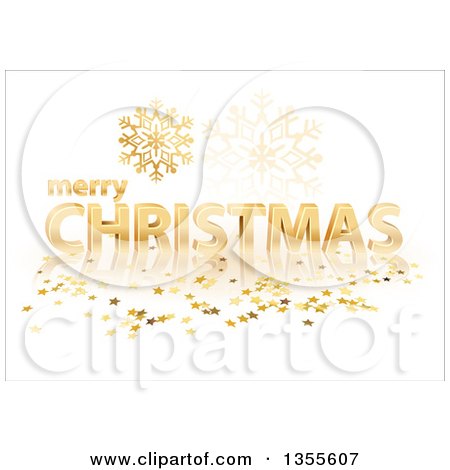 Clipart of a 3d Gold Merry Christmas Greeting with Stars and Snowflakes on White - Royalty Free Vector Illustration by dero