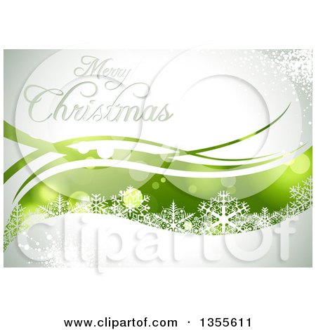 Clipart of a Merry Christmas Greeting Oer Green Sparkle Waves and Snowflakes on Gray - Royalty Free Vector Illustration by dero