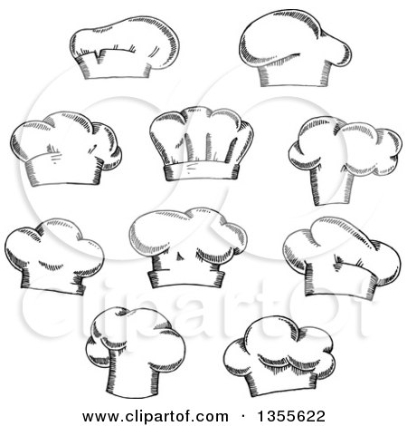 Clipart of Black and White Sketched Chef Toque Hats - Royalty Free Vector Illustration by Vector Tradition SM