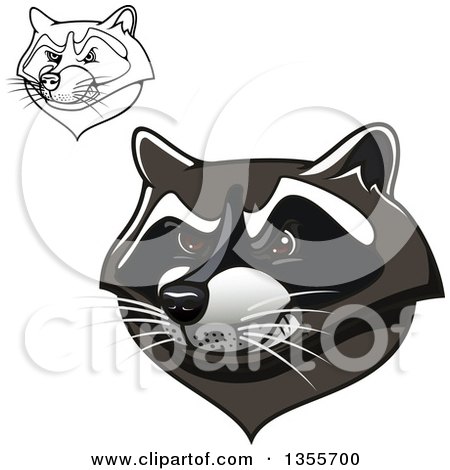 Clipart of Colored and Black and White Tough Raccoon Mascot Heads - Royalty Free Vector Illustration by Vector Tradition SM