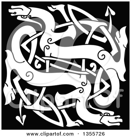 Clipart of a White Celtic Dragons Knot on Black - Royalty Free Vector Illustration by Vector Tradition SM