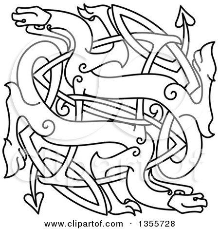 Clipart of a Black and White Lineart Celtic Dragons Knot - Royalty Free Vector Illustration by Vector Tradition SM