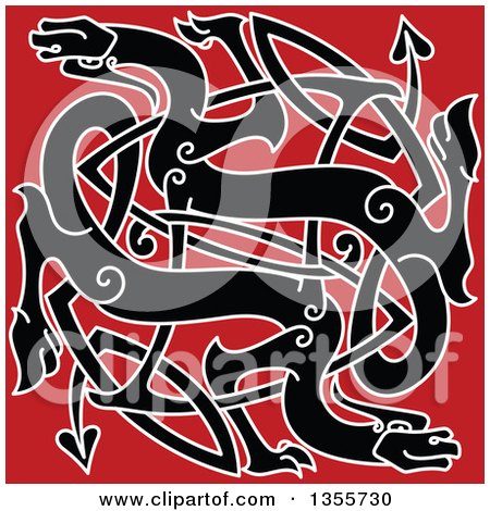 Clipart of a Black and White Celtic Dragons Knot on Red - Royalty Free Vector Illustration by Vector Tradition SM