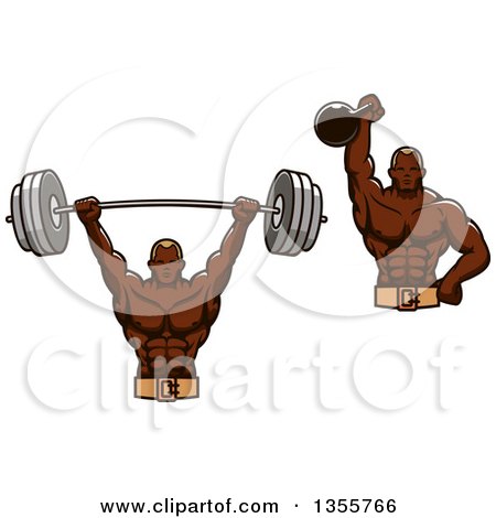 Clipart of a Black Male Bodybuilder Holding up a Heavy Barbell and Kettlebell - Royalty Free Vector Illustration by Vector Tradition SM