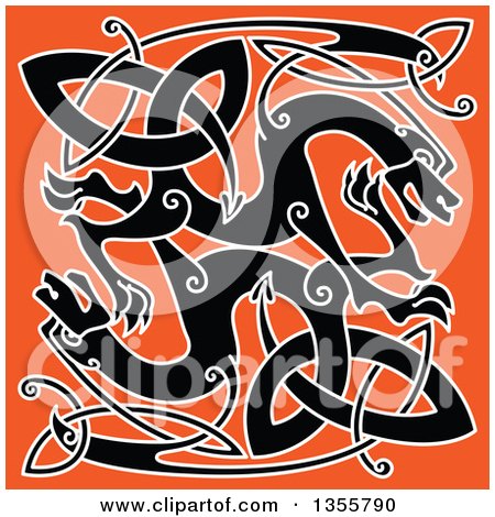 Clipart of a Black and White Celtic Knot Dragons on Orange - Royalty Free Vector Illustration by Vector Tradition SM