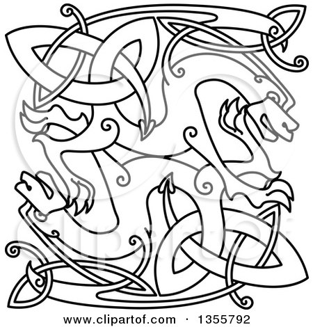 Clipart of Black and White Lineart Celtic Knot Dragons - Royalty Free Vector Illustration by Vector Tradition SM