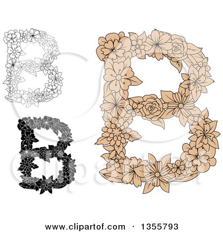 Clipart of Black and White and Tan Floral Capital Letter B Designs - Royalty Free Vector Illustration by Vector Tradition SM