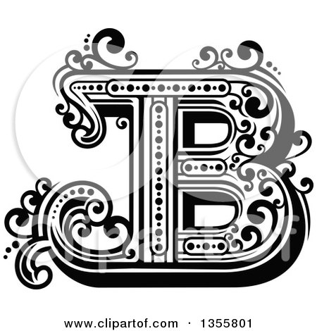 Clipart of a Retro Black and White Capital Letter B with Flourishes - Royalty Free Vector Illustration by Vector Tradition SM