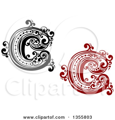 Clipart of Retro Red, Black and White Capital Letter C Designs with Flourishes - Royalty Free Vector Illustration by Vector Tradition SM