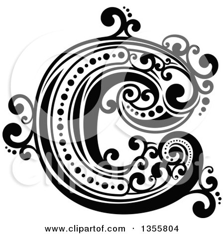 Clipart of a Retro Black and White Capital Letter C with Flourishes - Royalty Free Vector Illustration by Vector Tradition SM