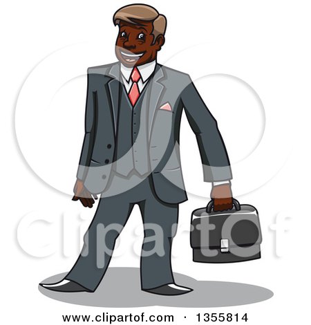 Clipart of a Cartoon Happy Black Businessman Holding a Briefcase - Royalty Free Vector Illustration by Vector Tradition SM